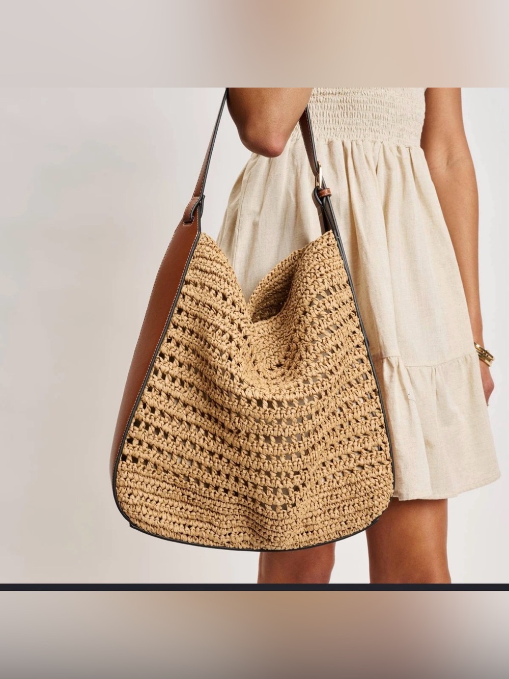Mango Woven Straw Shoulder Bag with Brown Trim